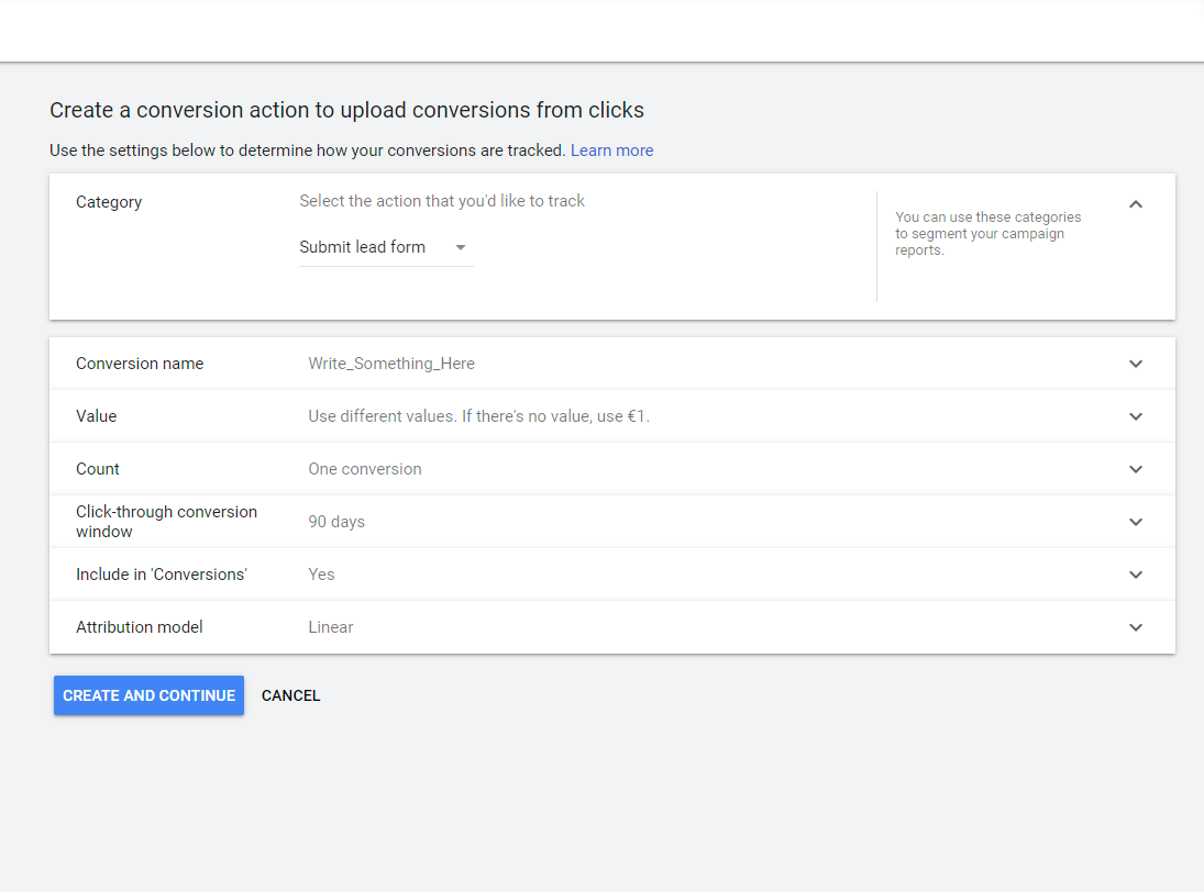 Create a conversion action to upload conversions from clicks Google Ads